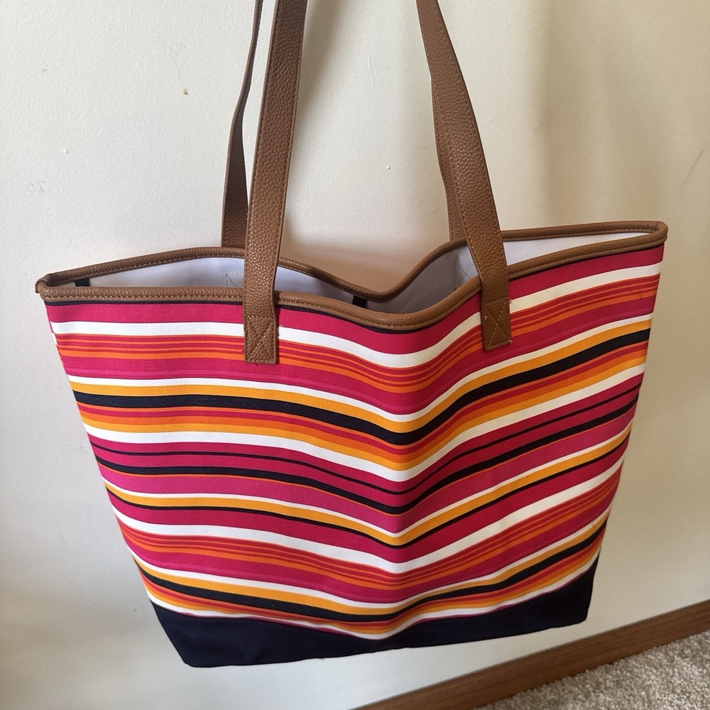 Thirty-One Pinstripe Punch Print Beach Bag Tote ~ Med/Lrg ~ Preowned, But Unused